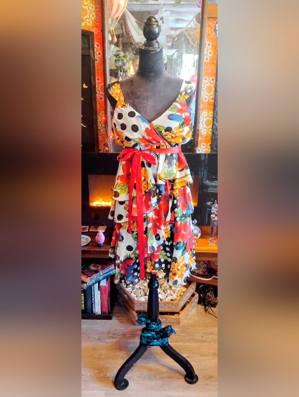 OSNT Spanish Bohemian Dancing Colorful Floral & Polka Dot Sundress with Red Tie
